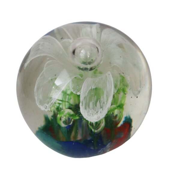 Handblown Art Glass Paperweight With White Flower Design & Multicolor Base - Picture 2 of 7